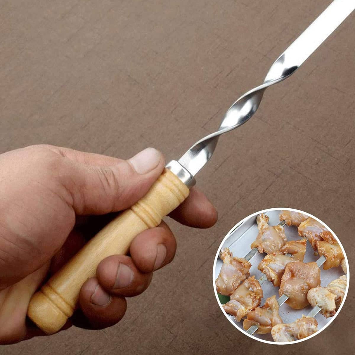 Flat Stainless Steel BBQ Skewers 55 cm with Wooden Handles, Pack of 12 - view 4