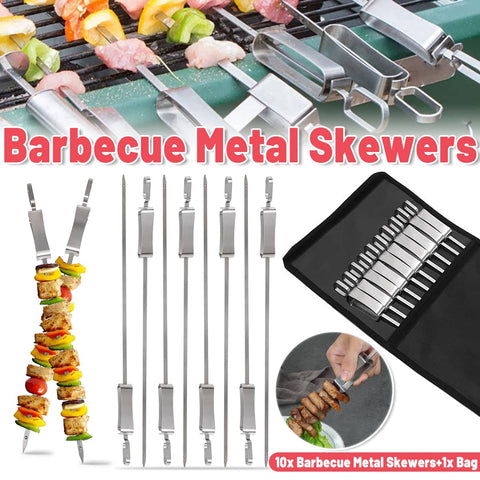 Flat Stainless Steel BBQ Skewers, Pack of 10, 41 cm with Carry Bag for Kebabs