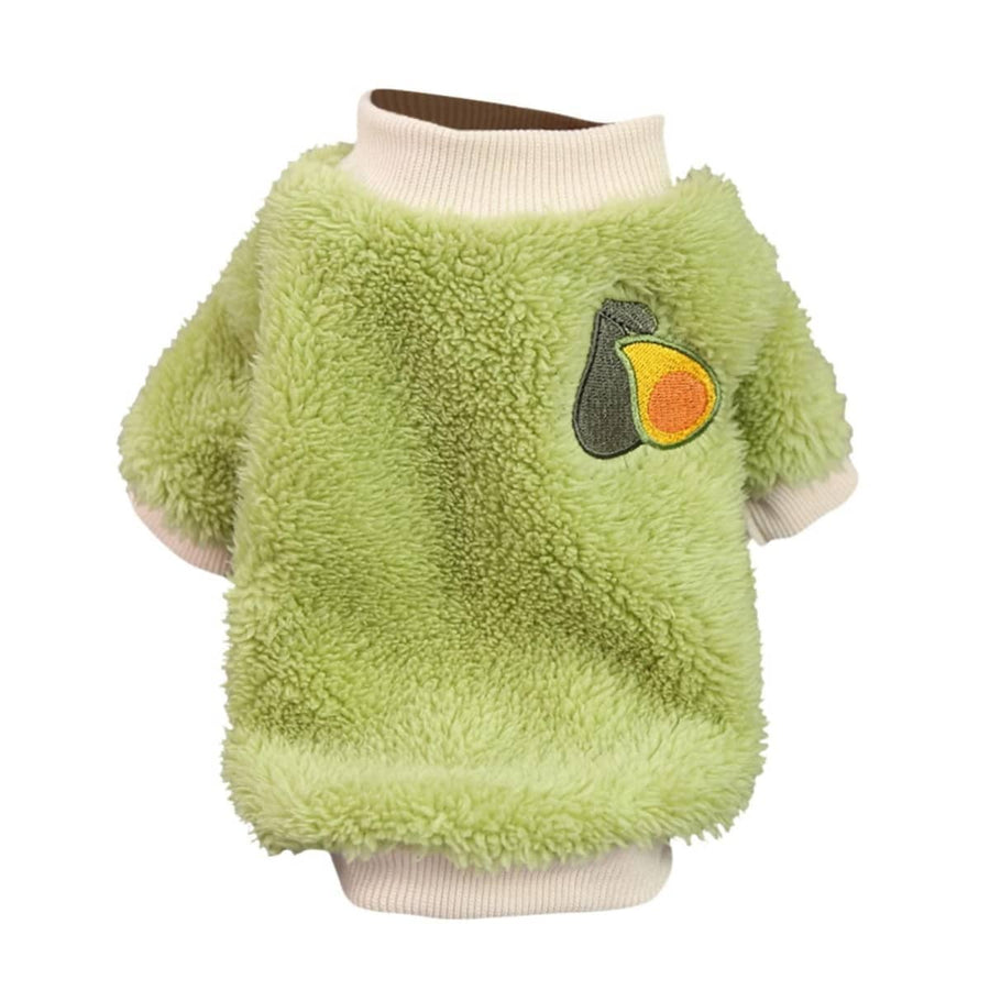 Fleece Dog Jumper with Avocado Motif, Warm Pet Coat - Green, Size L (Bust 42 cm)