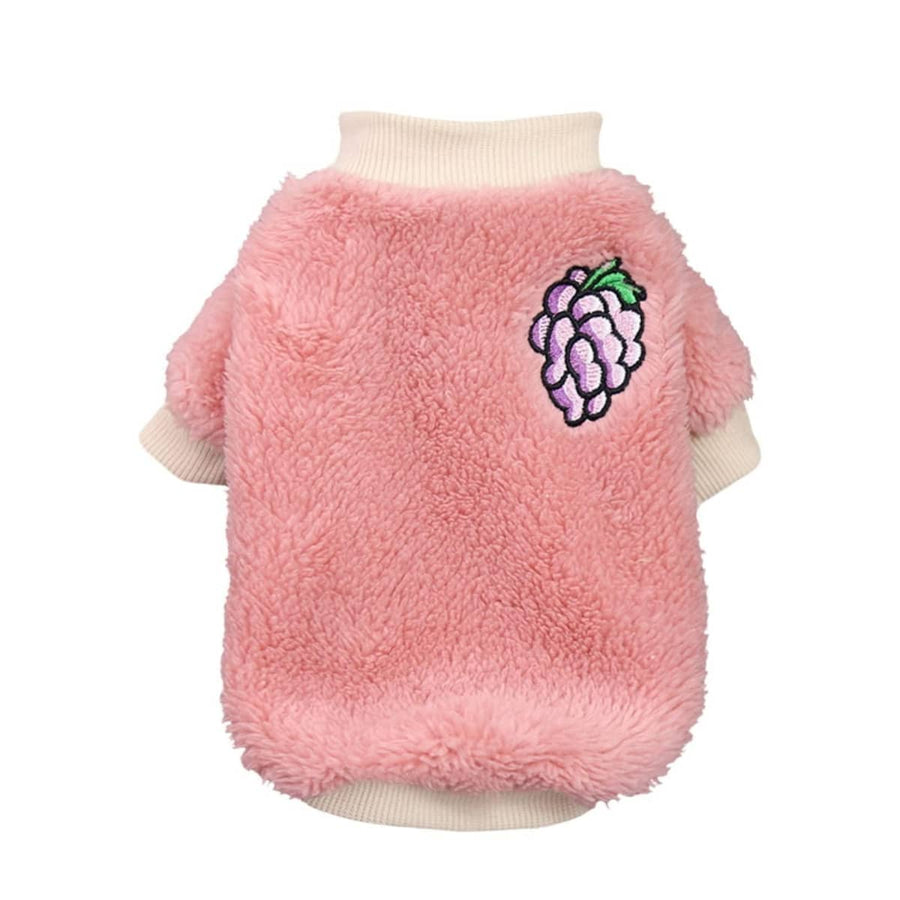 Fleece Dog Jumper with Grape Motif, Warm Pet Coat - Pink, Size L (Bust 42 cm)