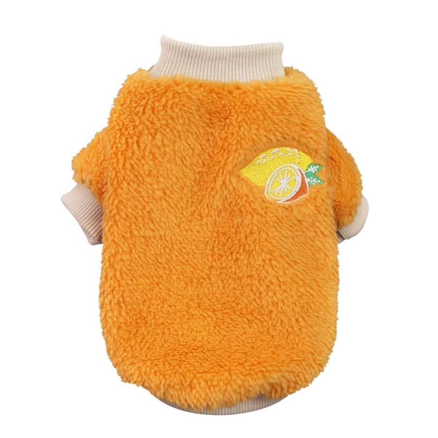 Fleece Dog Jumper with Lemon Motif, Warm Pet Coat - Orange, Size L (Bust 42 cm)