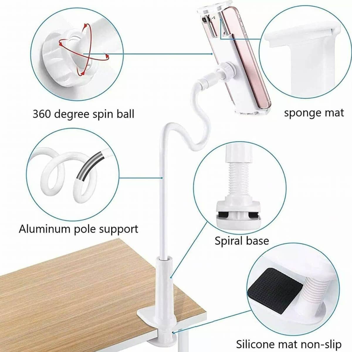 Flexible Gooseneck Phone and Tablet Holder with Clamp for Bed and Desk - Black - view 5