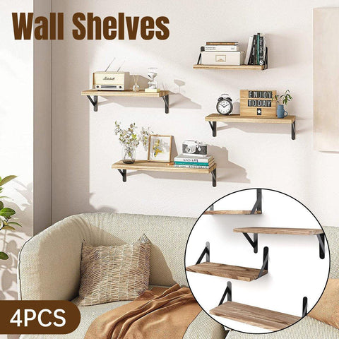 Floating Wall Shelves Set of 4 - Natural Wood with Black Brackets