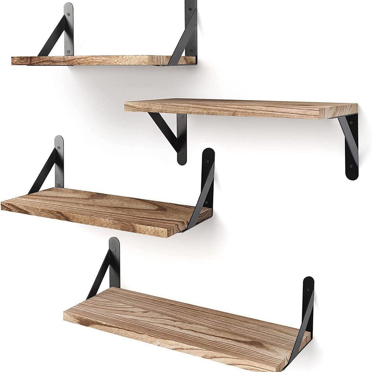 Floating Wall Shelves Set of 4 - Natural Wood with Black Brackets - view 2