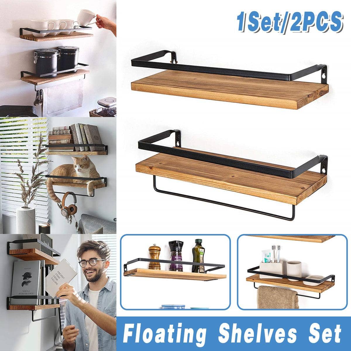 Floating Wall Shelves with Towel Bars, Pine and Iron, Pack of 2
