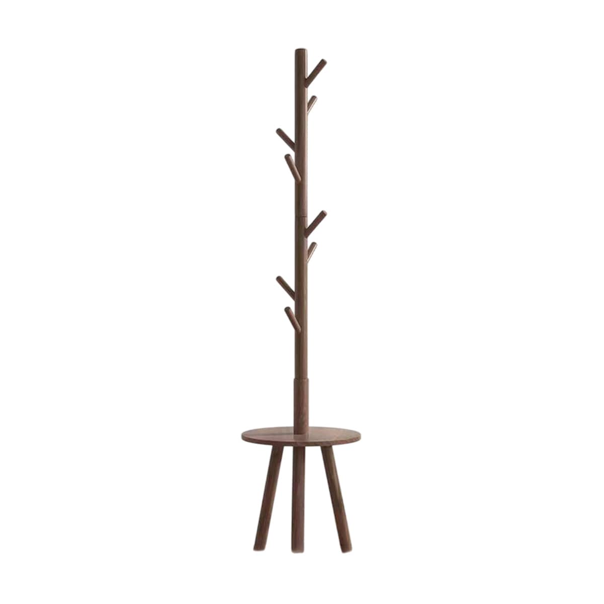 Floor-Standing Wooden Coat Rack with 8 Hooks and Round Side Table - Walnut