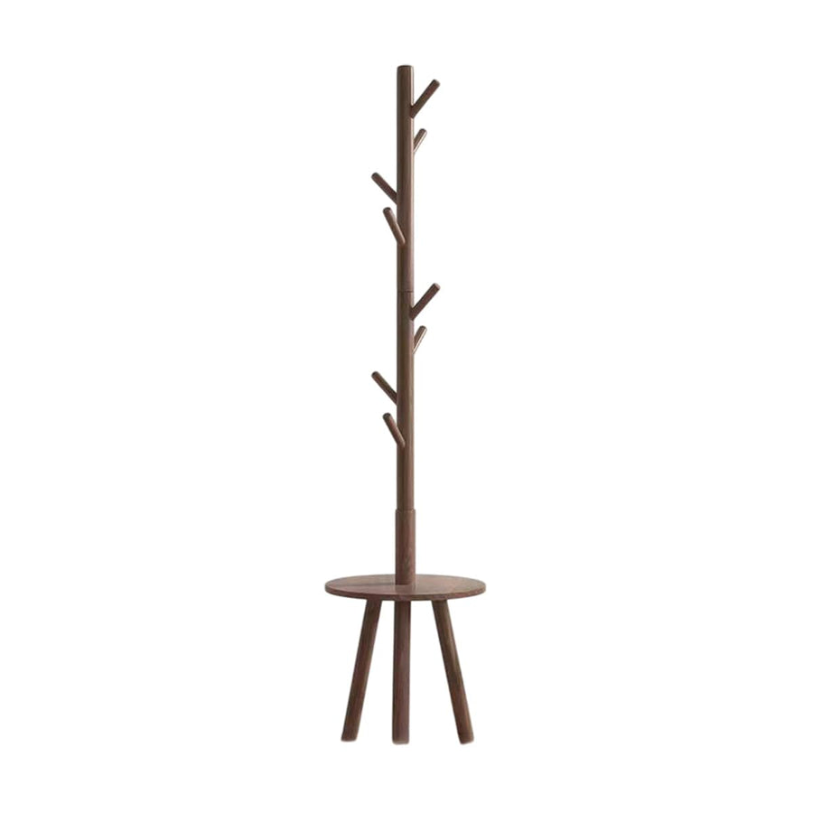 Floor-Standing Wooden Coat Rack with 8 Hooks and Round Side Table - Walnut