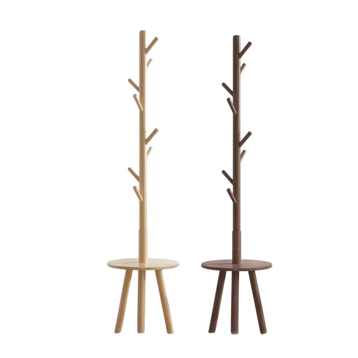 Floor-Standing Wooden Coat Rack with 8 Hooks and Round Side Table - Walnut - view 3