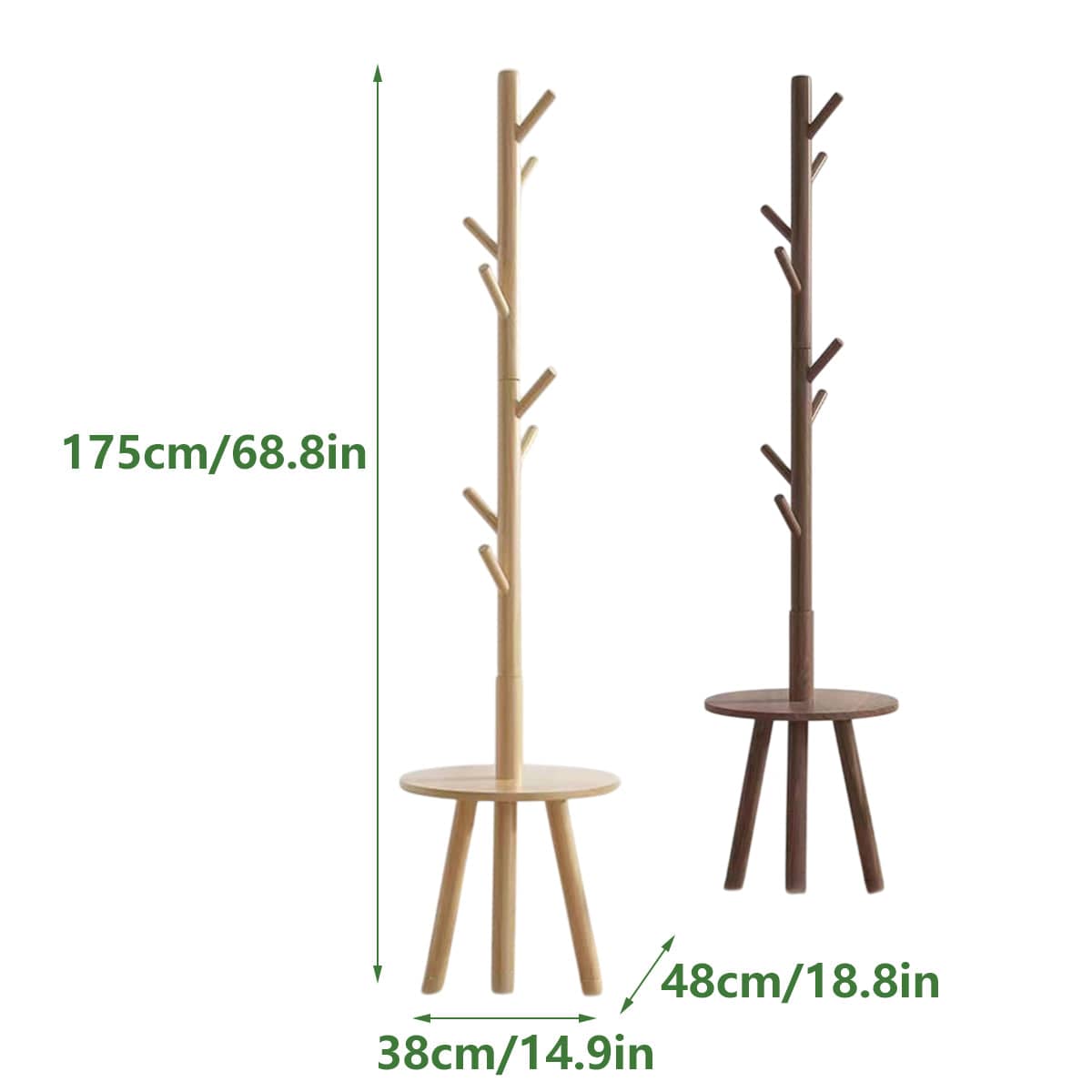 Floor-Standing Wooden Coat Rack with 8 Hooks and Round Side Table - Walnut - view 4