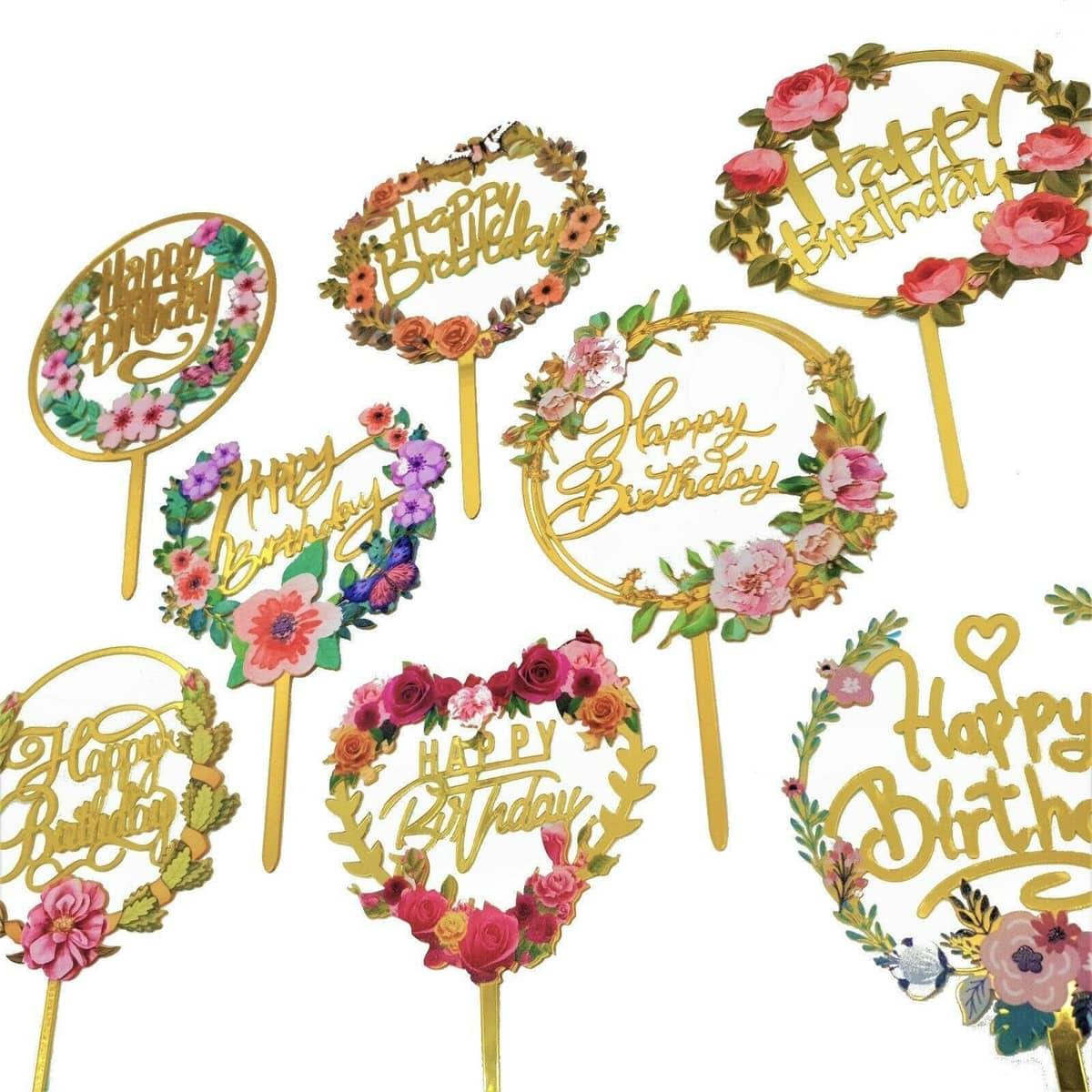 Floral Acrylic Cake Topper - Feliz Cumpleaños, Pink Flower Heart - view 5