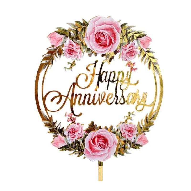 Floral Acrylic Cake Topper - Happy Anniversary, Pink Roses on Gold Mirror Ring