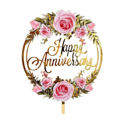 Floral Acrylic Cake Topper - Happy Anniversary, Pink Roses on Gold Mirror Ring
