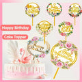 Floral Acrylic Cake Topper - Happy Anniversary, Pink Roses on Gold Mirror Ring - view 2