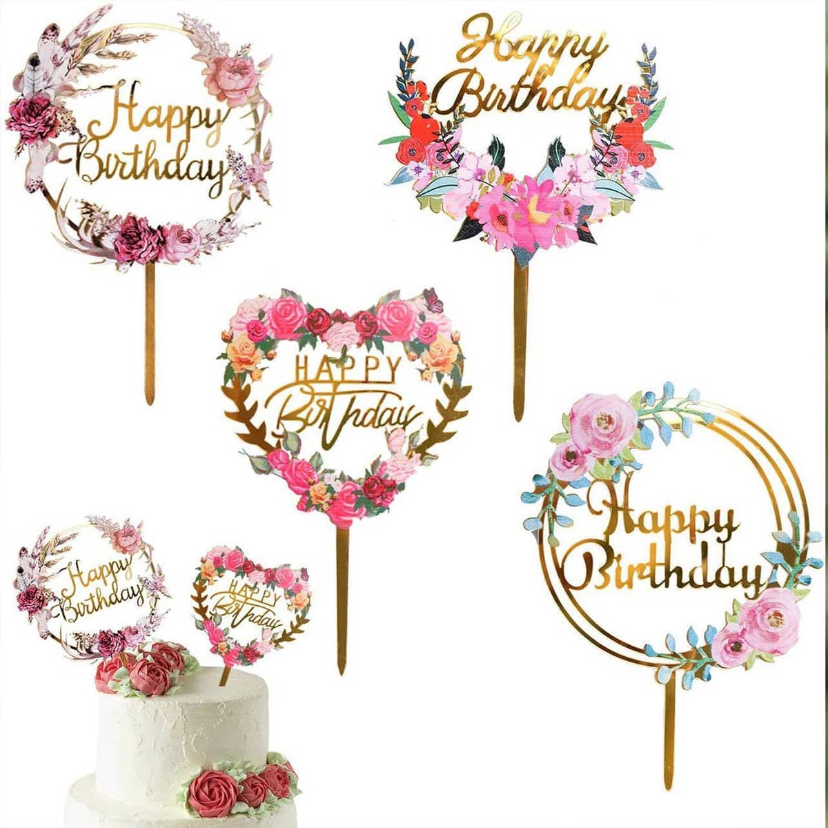 Floral Acrylic Cake Topper - Happy Anniversary, Pink Roses on Gold Mirror Ring - view 4