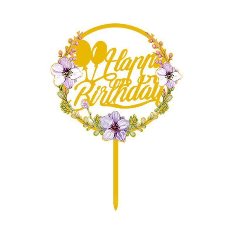 Floral Acrylic Cake Topper - Happy Birthday, Balloons and Purple Flowers
