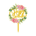 Floral Acrylic Cake Topper - Happy Birthday, Pink Peonies and Green Leaves