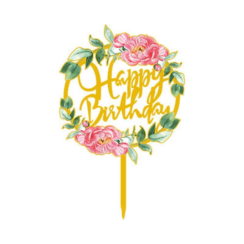 Floral Acrylic Cake Topper - Happy Birthday, Pink Peonies and Green Leaves