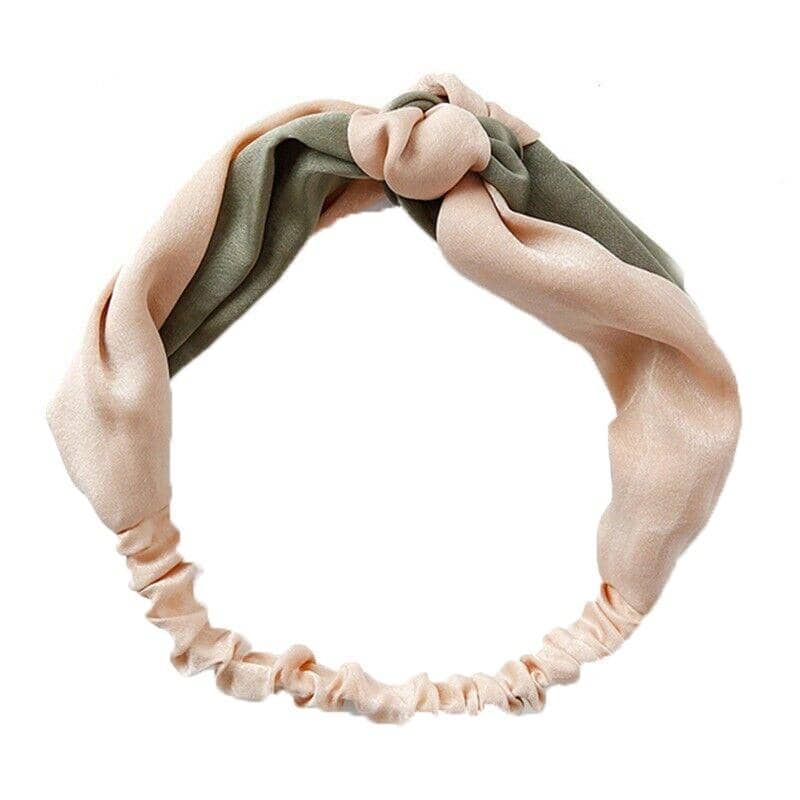 Floral Chiffon Headband with Elastic Cross Design - Beige and Green