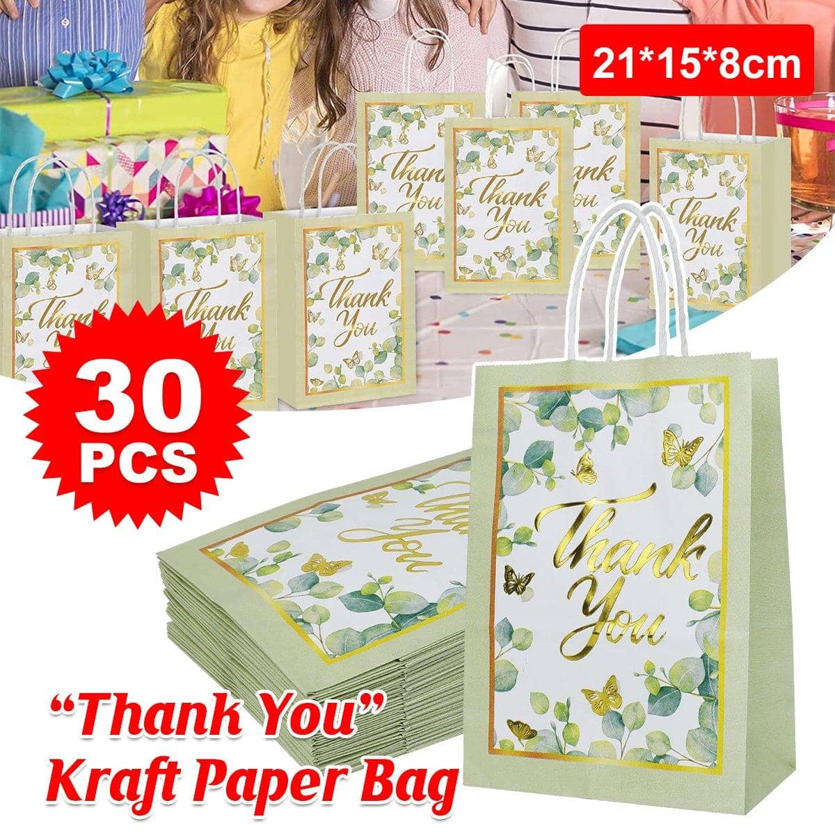Floral Kraft Paper Gift Bags with Thank You Print, Pack of 30