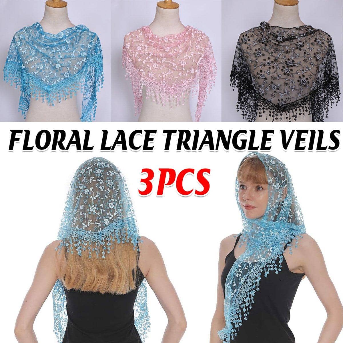 Floral Lace Triangle Veil Headscarf for Women, Pack of 3