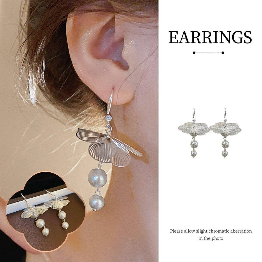 Floral Mori Style Tie Earrings with Imitation Pearls for Women, Silver