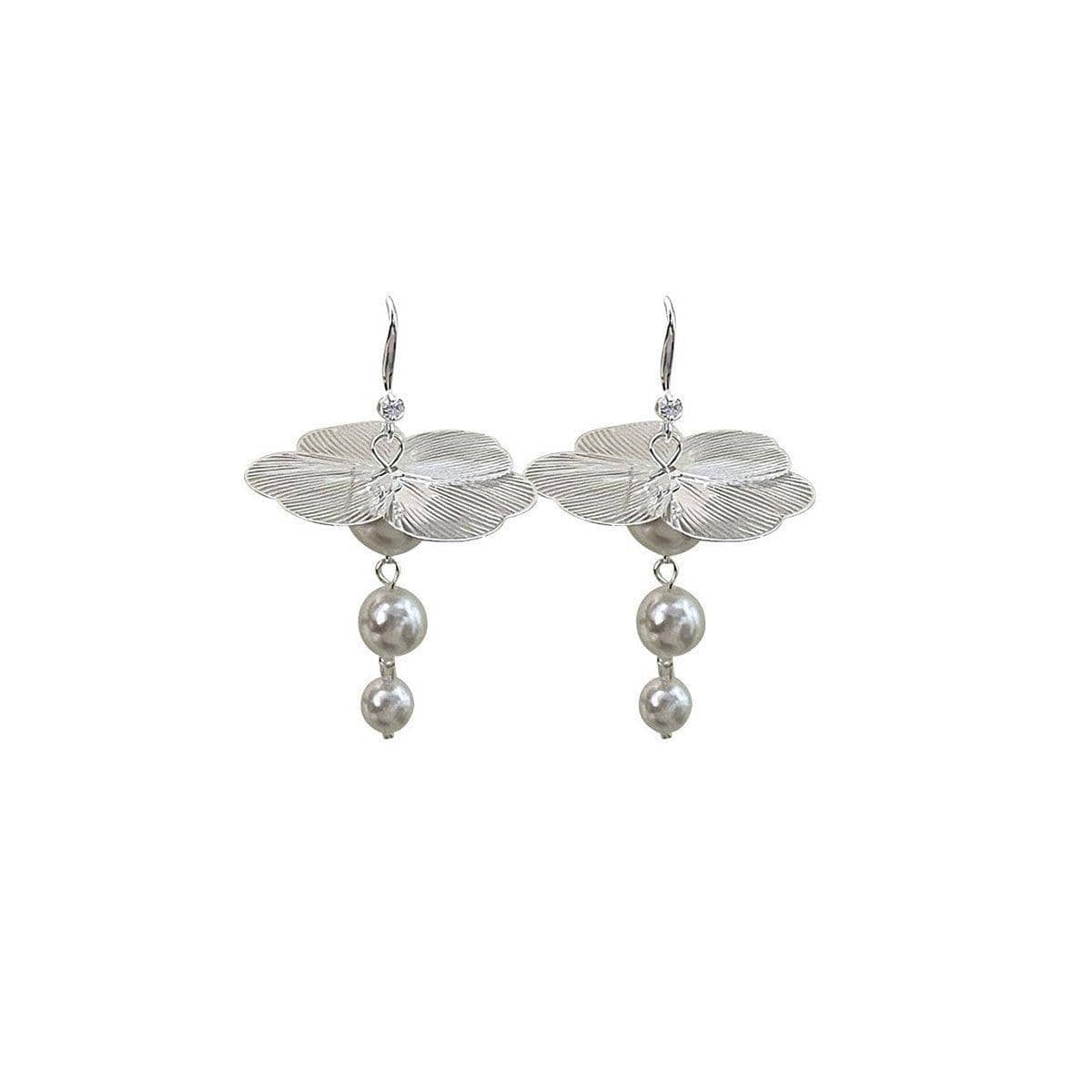 Floral Mori Style Tie Earrings with Imitation Pearls for Women, Silver - view 2