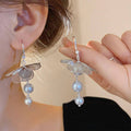 Floral Mori Style Tie Earrings with Imitation Pearls for Women, Silver - view 4