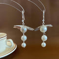 Floral Mori Style Tie Earrings with Imitation Pearls for Women, Silver - view 5