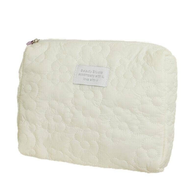 Floral Quilted Makeup Bag Multifunctional Cosmetic Pouch - White, 24 x 18 cm