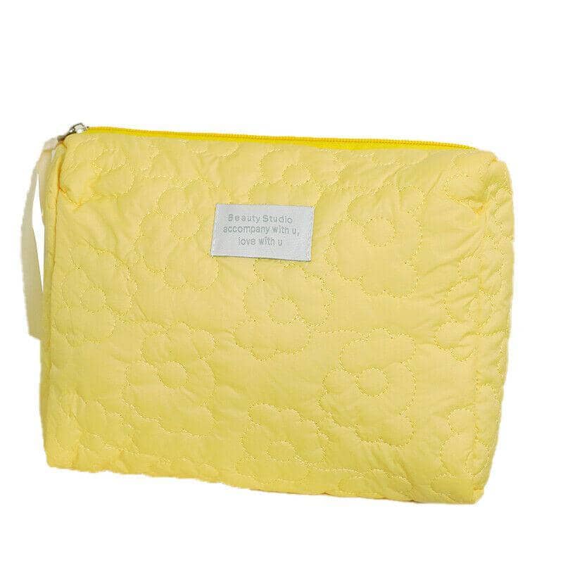 Floral Quilted Makeup Bag Multifunctional Cosmetic Pouch - Yellow, 24 x 18 cm
