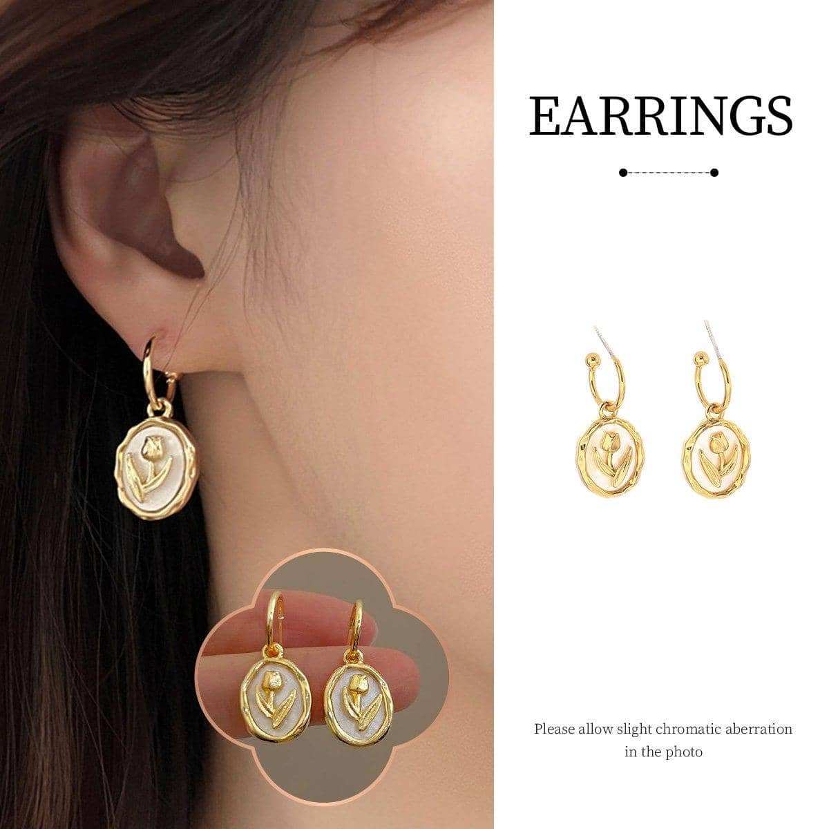 Floral Round Plate Earrings - Gold-Tone