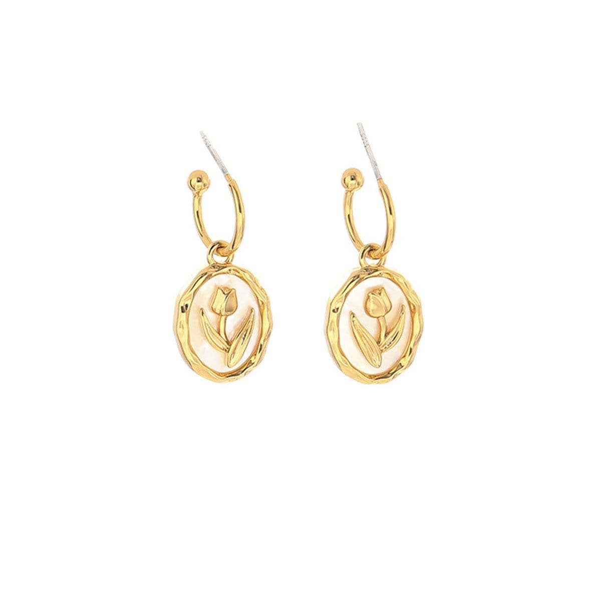 Floral Round Plate Earrings - Gold-Tone - view 2