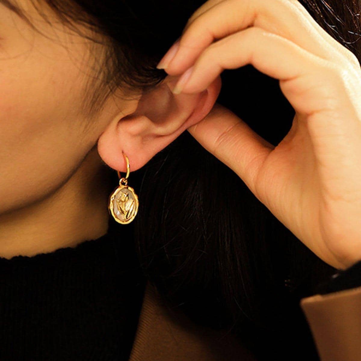 Floral Round Plate Earrings - Gold-Tone - view 5