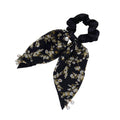Floral Scarf Scrunchie Hair Tie with Pearl Charms - Black