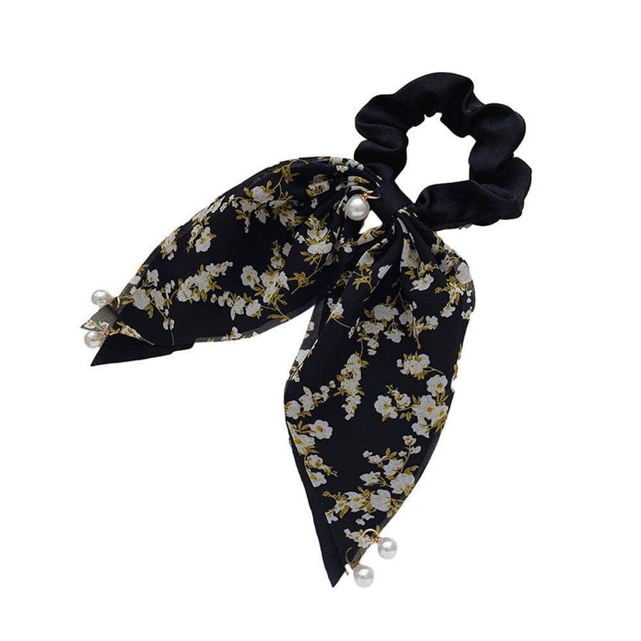 Floral Scarf Scrunchie Hair Tie with Pearl Charms - Black