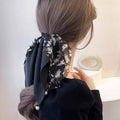 Floral Scarf Scrunchie Hair Tie with Pearl Charms - Black - view 5