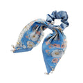 Floral Scarf Scrunchie Hair Tie with Pearl Charms - Blue