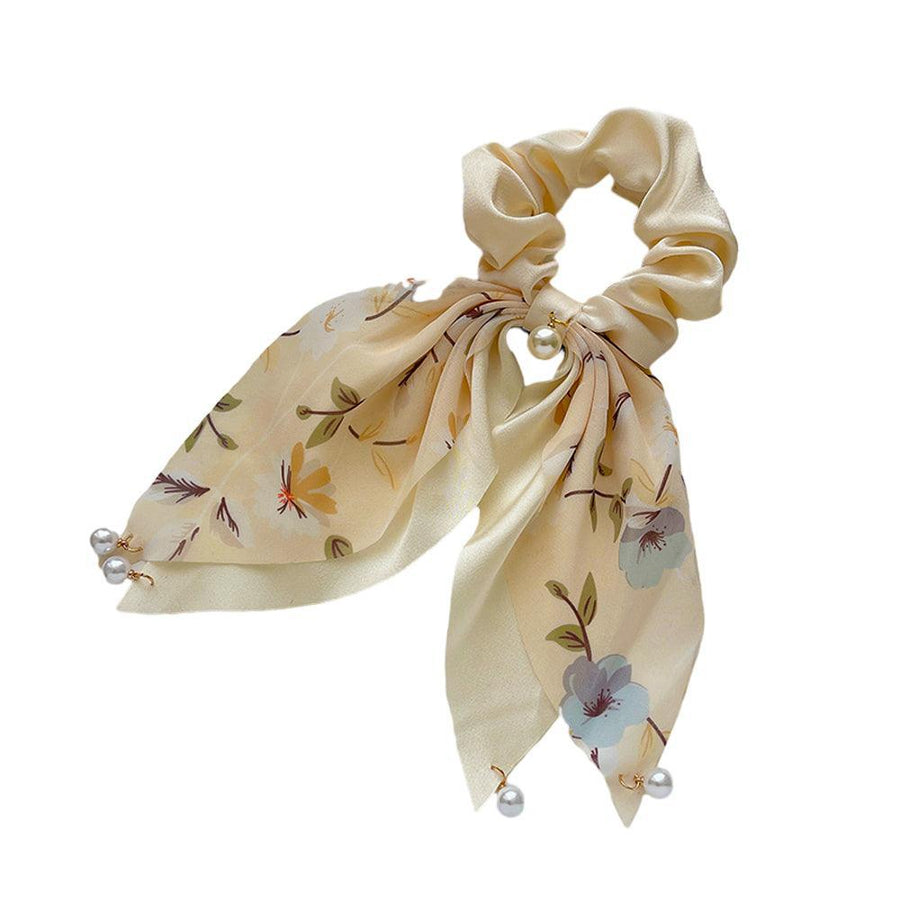 Floral Scarf Scrunchie Hair Tie with Pearl Charms - Cream Yellow