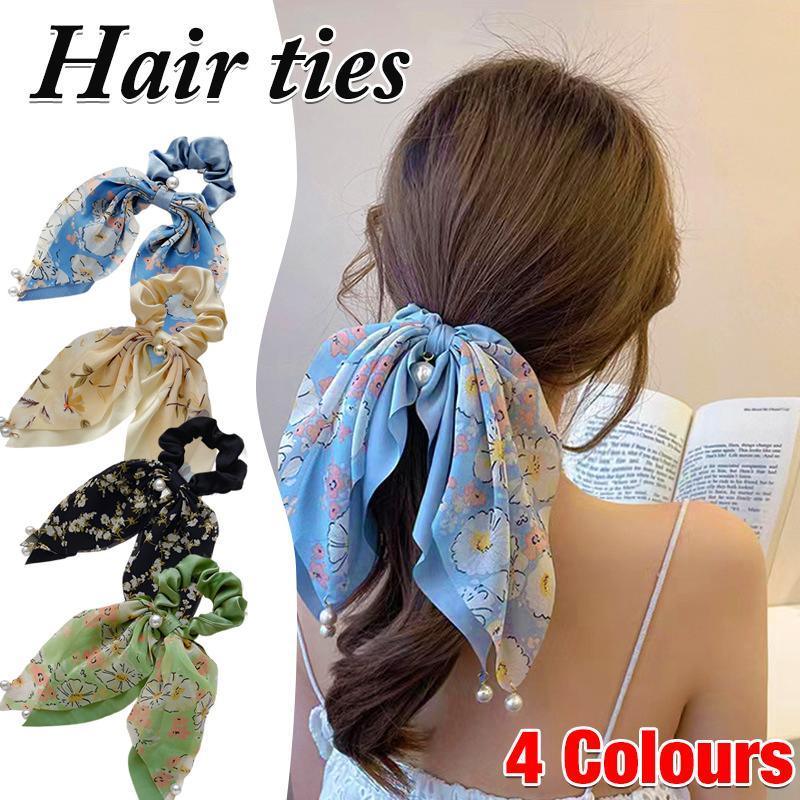Floral Scarf Scrunchie Hair Tie with Pearl Charms - Cream Yellow - view 2
