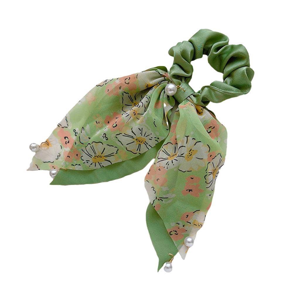 Floral Scarf Scrunchie Hair Tie with Pearl Charms - Green