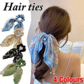 Floral Scarf Scrunchie Hair Tie with Pearl Charms - Green - view 2