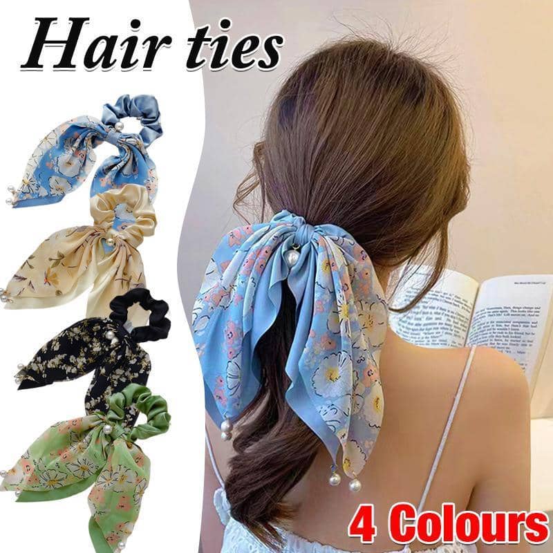 Floral Scarf Scrunchie Hair Tie with Pearl Charms - Green - view 2