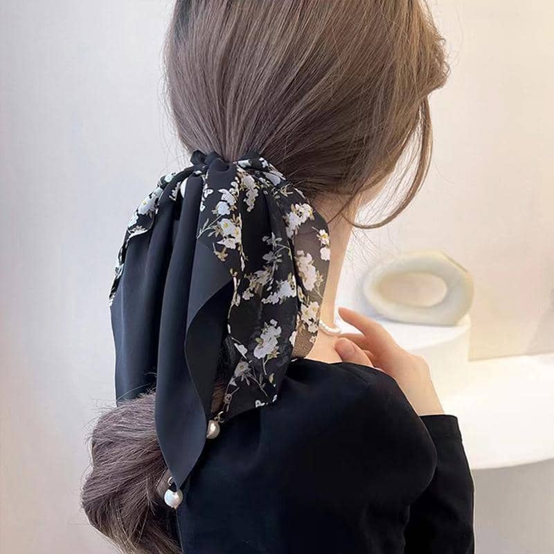 Floral Scarf Scrunchie Hair Tie with Pearl Charms - Green - view 5