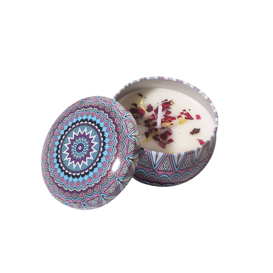 Floral Scented Candles in Decorative Tins, Pack of 4 - Lavender, Mandala Print Tin