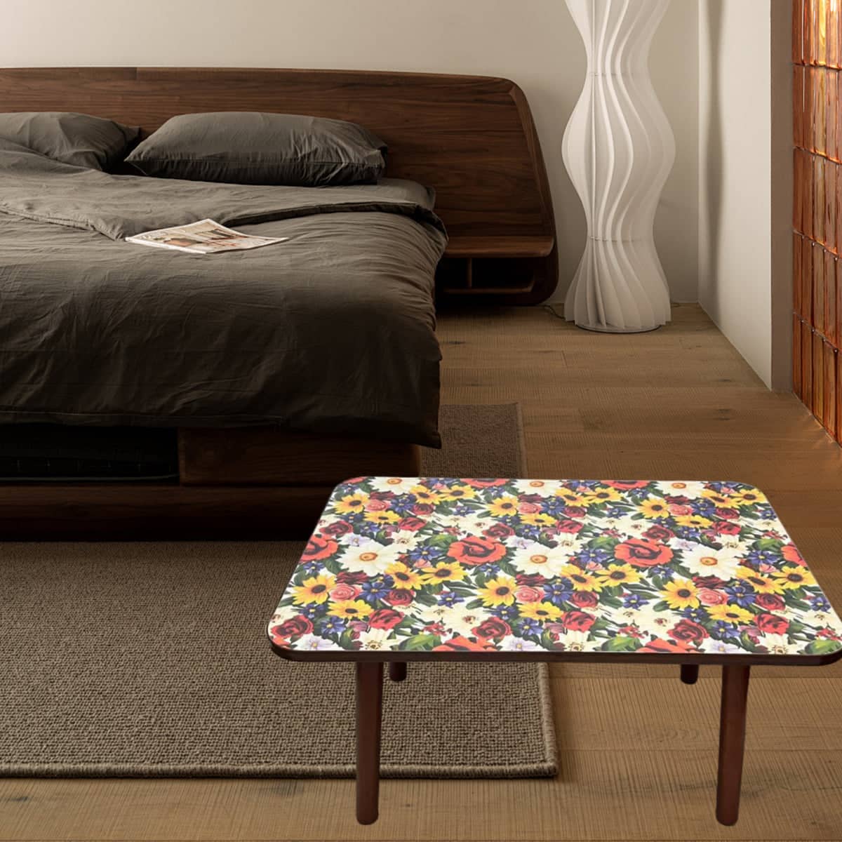Floral Small Side Table with Solid Wood Legs - 60 x 40 x 35 cm - view 5