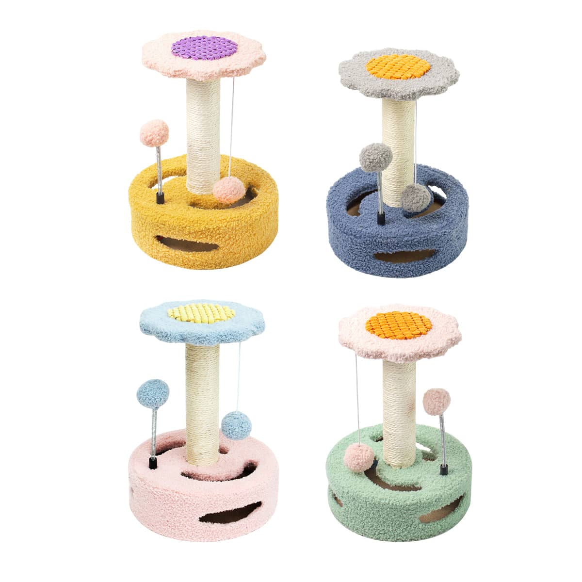 Flower Cat Scratching Post Tree with Sisal and Toy Balls - Green and Pink - view 3