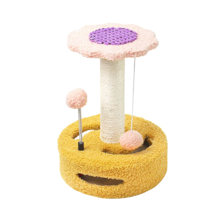 Flower Cat Scratching Post Tree with Sisal and Toy Balls - Yellow and Pink