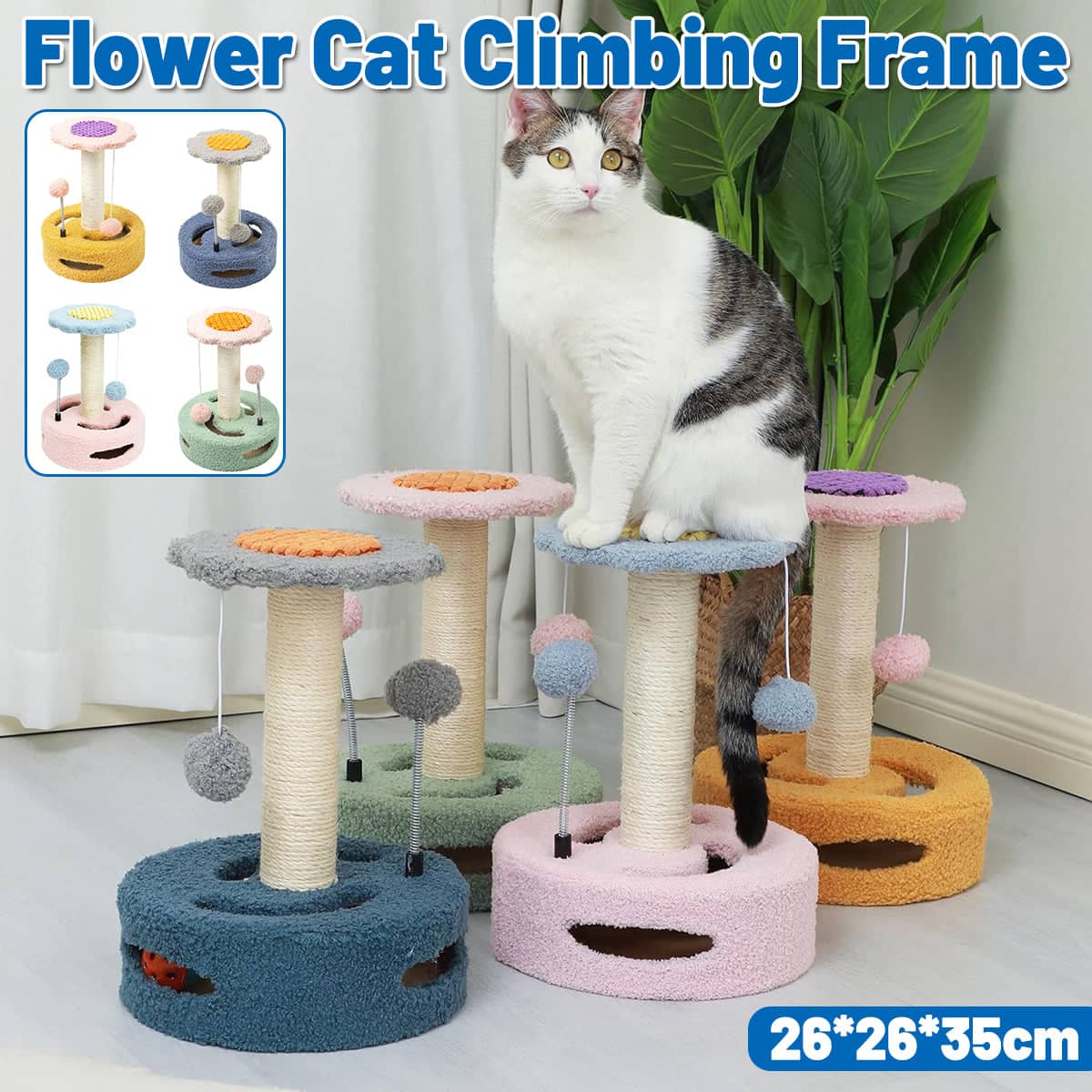 Flower Cat Scratching Post Tree with Sisal and Toy Balls - Yellow and Pink - view 2