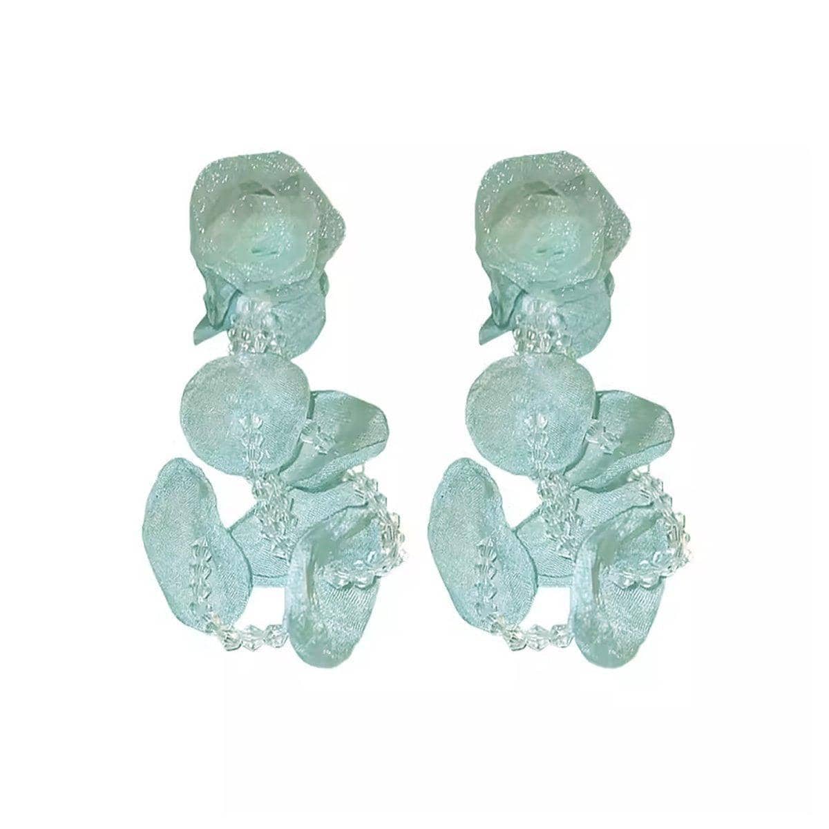 Flower Crystal Drop Earrings - Mint Green Petals with Clear Beads