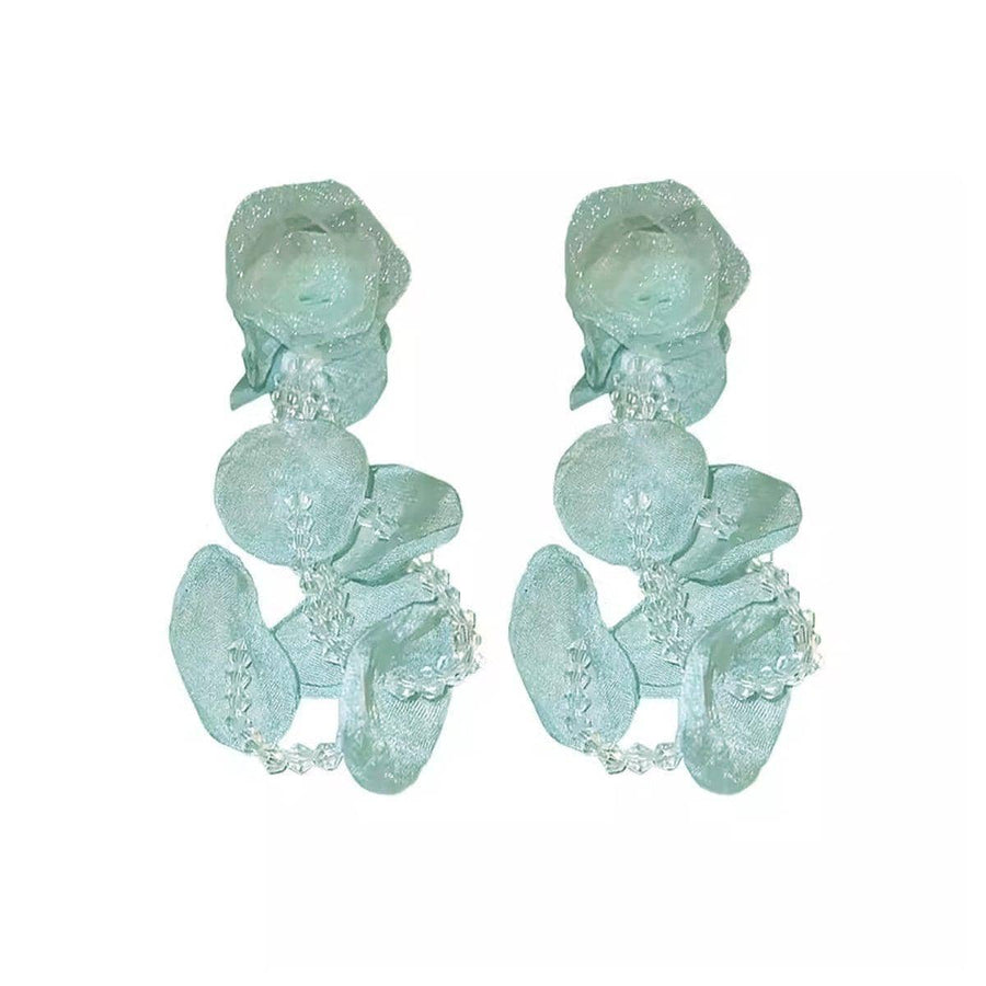 Flower Crystal Drop Earrings - Mint Green Petals with Clear Beads